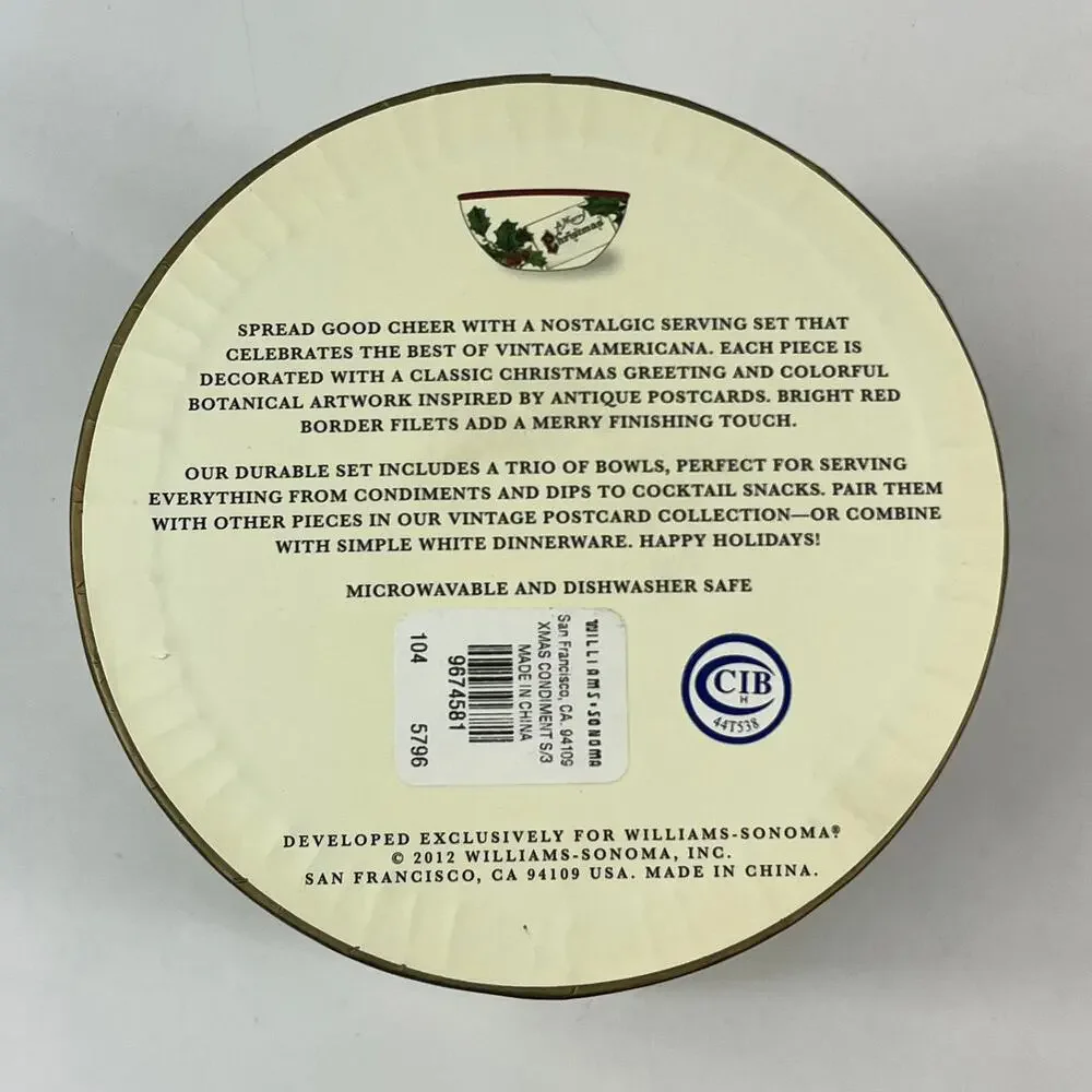 Williams Sonoma 2012 Vintage Postcard Condiment Serving Bowls Set of 3 With Box